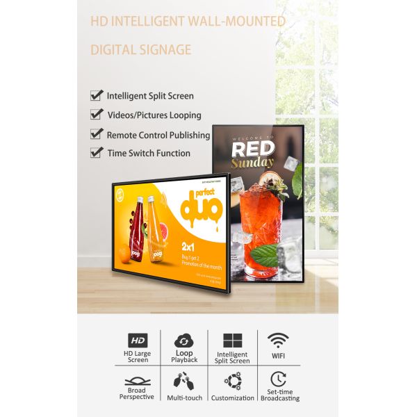 Customized 75 Inch Wall Mounted Narrow Frame LCD Display Kiosk for Shopping Malls Retail Stores and Elevators