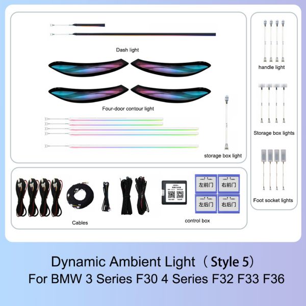 CF BMW Dynamic RGB Interior Light Kit with Multi-Color Flowing Light, Plug-and-Play Installation, and Automotive-Grade ABS for F30/F32/F33/F36