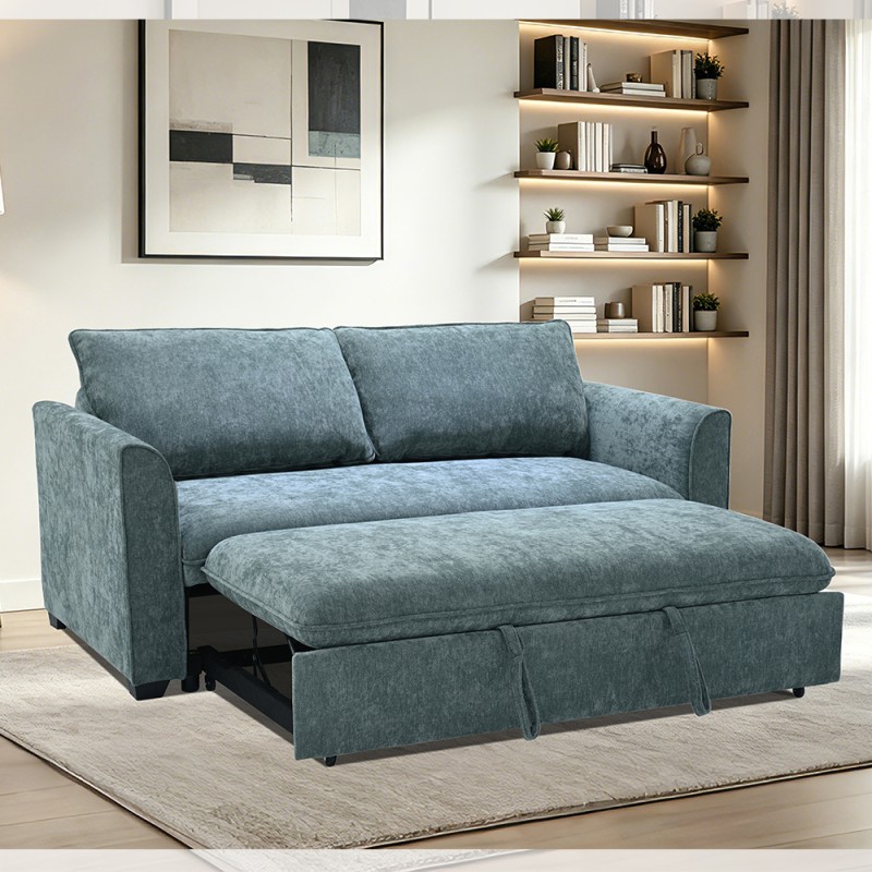 Queen Size Convertible Sleeper Sofa Bed, Comfortable Pull-Out Bed with Adjustable Backrest, Futon Sofa Bed, Teal Fabric