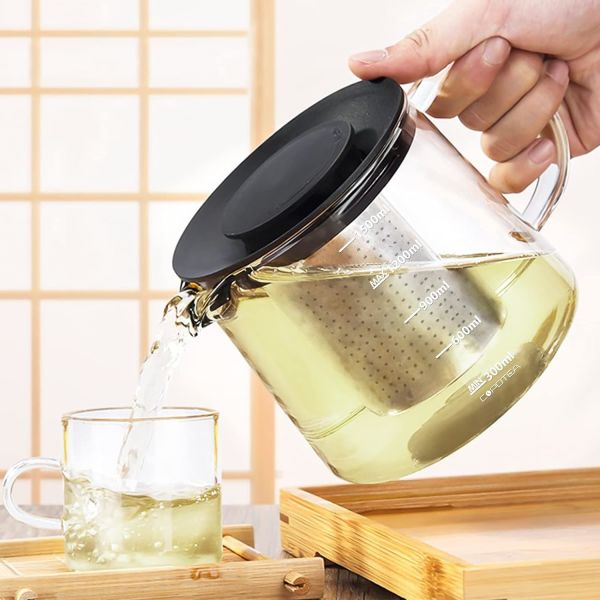 Removable Filter Spout Glass Teapot for Loose Leaf and Blooming Tea 30.4oz Clear Teapots
