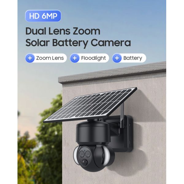 6MP HD IP Solar Security Camera 4G PTZ Dual Lens 12X Zoom Black Color