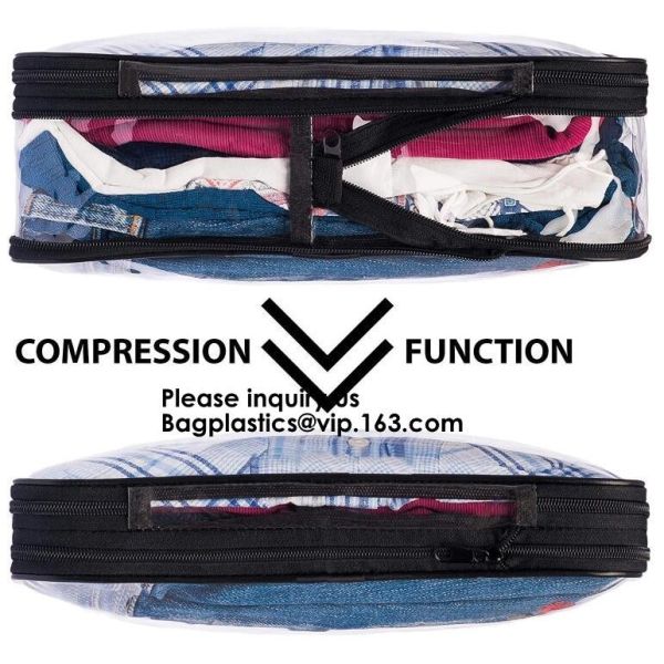 Clear Zipper Bag With Compression Packing Closure,Toiletry Bag With Pink Trim And Zipper Closing PVC zipper pouch bageas