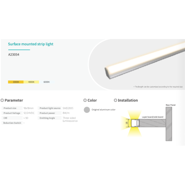 Custom Length Three Sided Under Cabinet High CRI 12/24V Surface Mounted LED Lighting