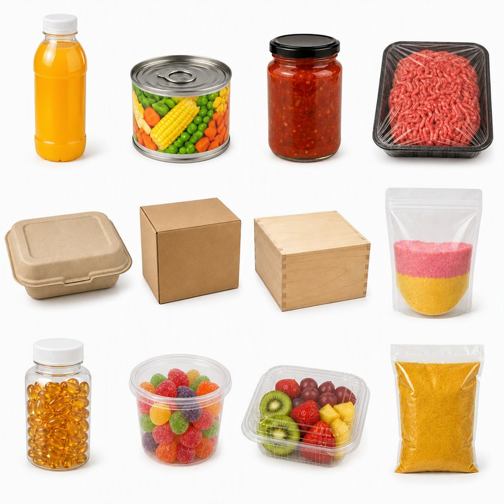 Automatic flat labeling machine in operation applying labels to food containers
