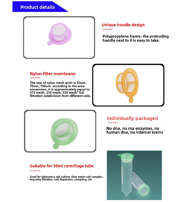 Individually Sterilization Nylon Mesh Cell Screen Filter 40μm 70μm 100μm Cell Strainer for Flow Cytometry Lab Supplies