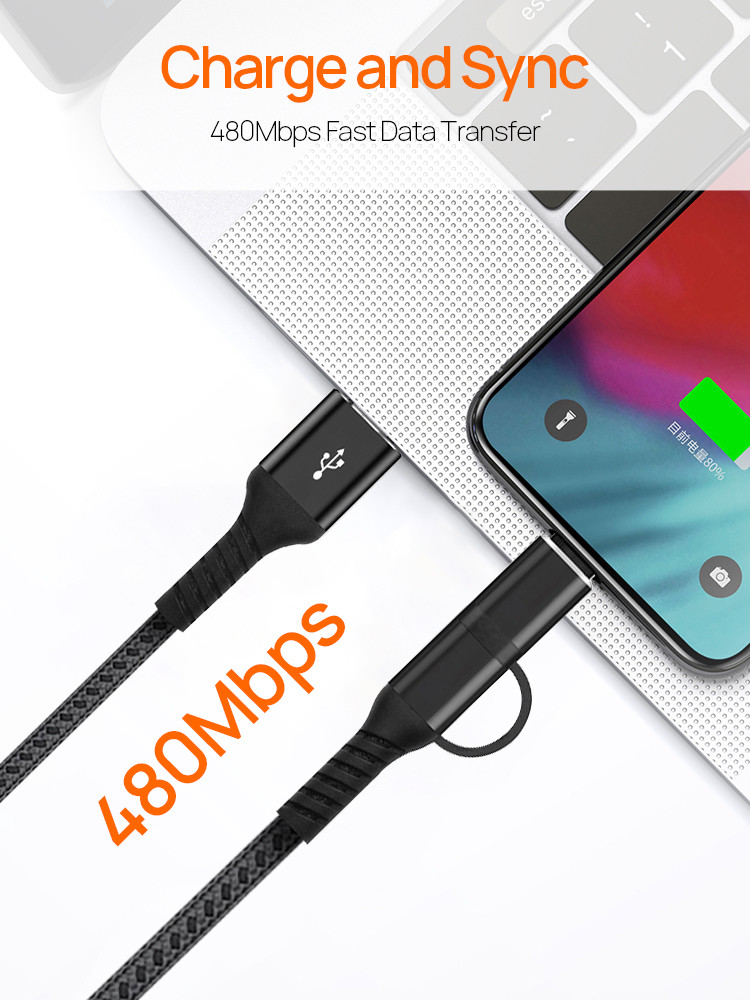 PD 18W Fast Charger 2 in 1 USB A to C+ Lightning Charge Cable USB Data Transmission