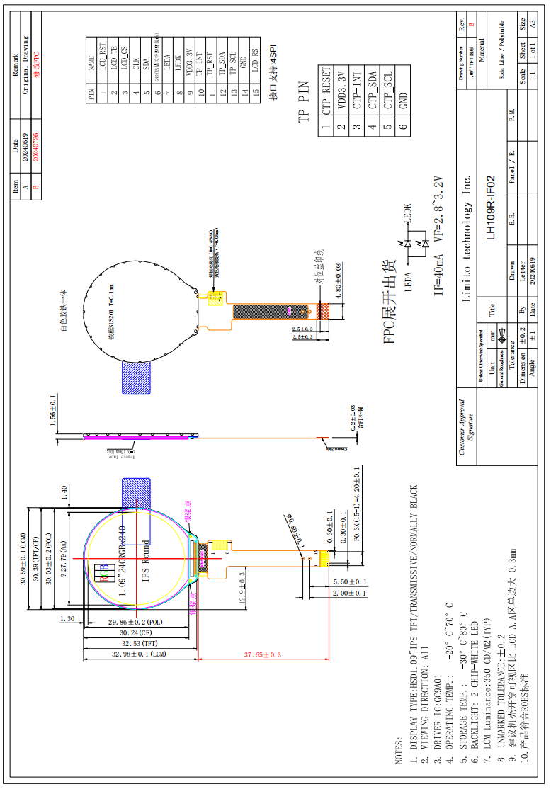 1.09 Inch Circular TFT Display 240x240 Dot Resolution With GC9A01 15 Pins SPI Interface