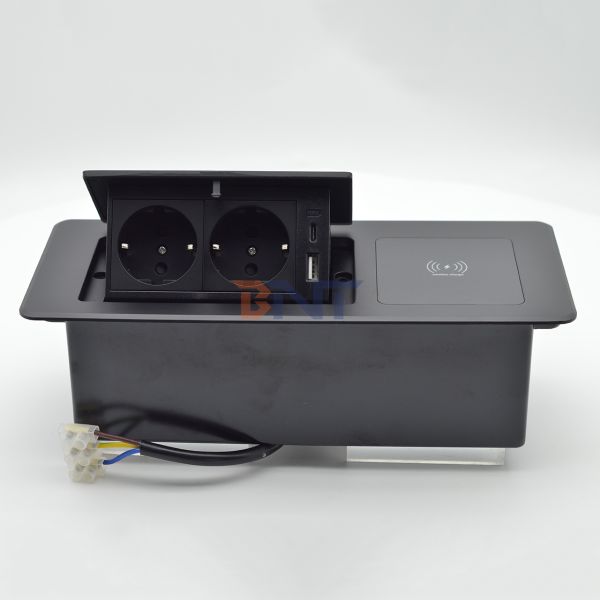 Aluminum Desktop Power Socket Box Multi-Connection Pop-Up Hidden Charging Sockets with Wireless Charging Technology