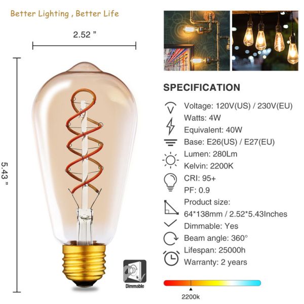 ST64 Amber Spiral LED Filament Bulb 4W , 230V LED Antique Bulb
