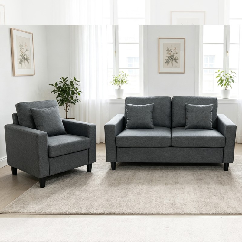 3 Piece Sofa set with Pillows, Dark Gray Fabric