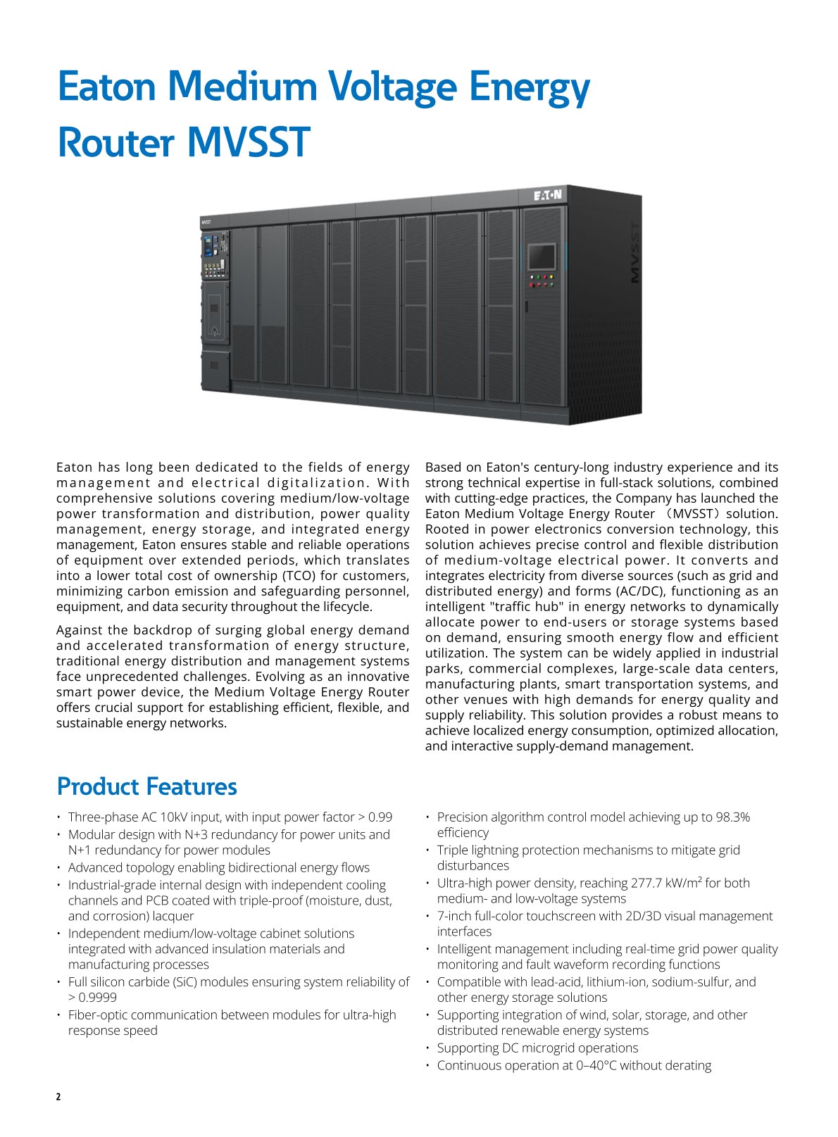 EATON MVSST Solid-State Transformer 1250kVA-2500kVA with DC800V Output for Data Center Applications