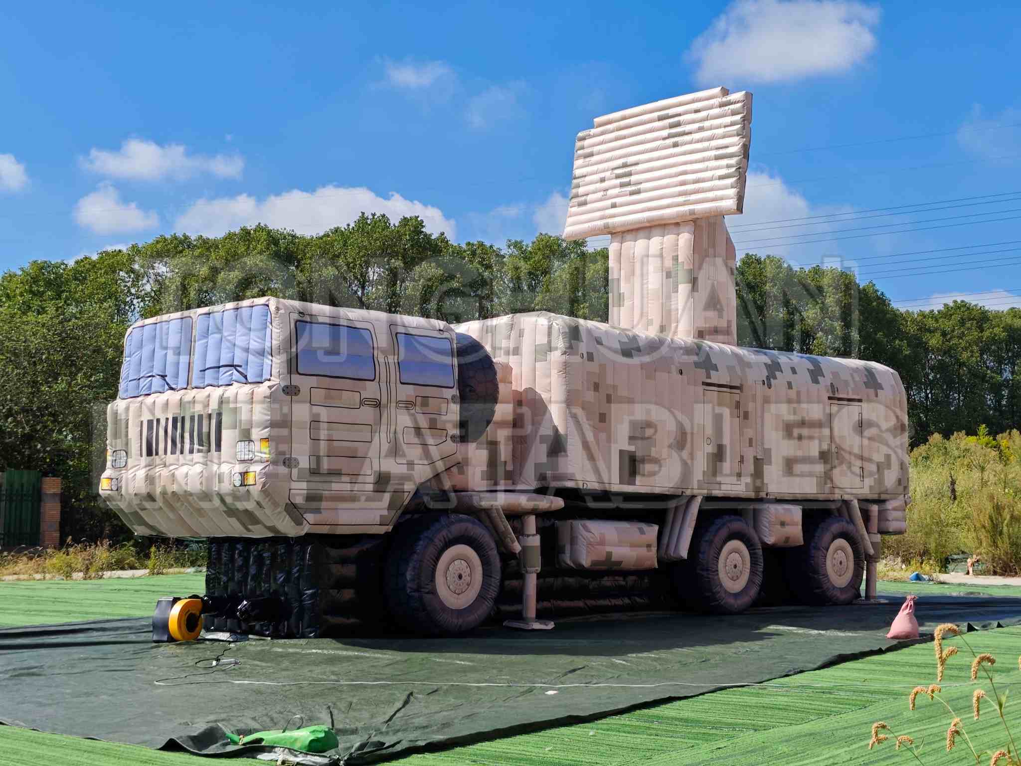 Custom Inflatable Radar Vehicle Decoy with Raised Rectangular Antenna Panel Detailed Truck Body and Camouflage Printing for Training Display Projects