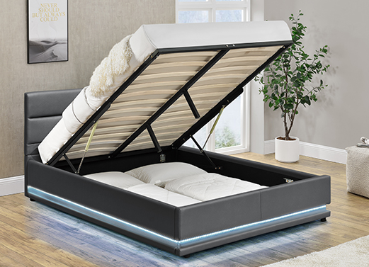 Grey Leather Storage Bed With LED On The Headboard
