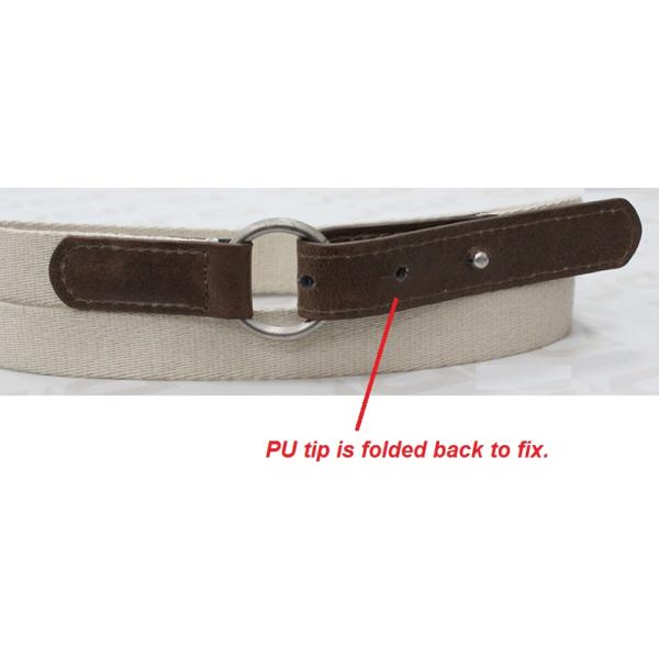 2cm Width Beige Polyester Webbing Belt With Silver Round Ring / Folded PU Tip