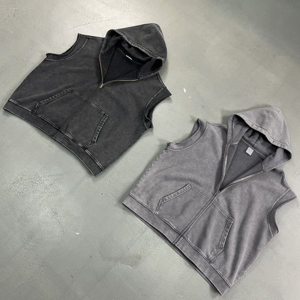 Retro Winter Washed Stir Fried Snowflake Distressed Effect Zipper Loose Edge Shoulder Mouse Bag Heavyweight Hoodie Hooded Vest