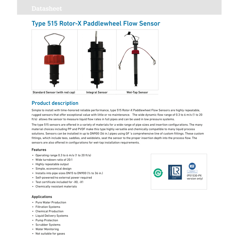 GF Signet Type 515 Plastic Material Paddlewheel Flow Sensor with DN15 to DN900 Size and One Year Warranty