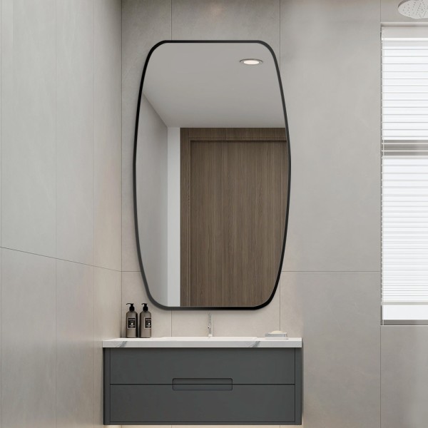 Irregular rectangle aluminum frame bathroom mirror side and detail view