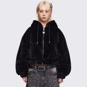 Women Cat Ear Black Faux Fur Fluffy Jacket