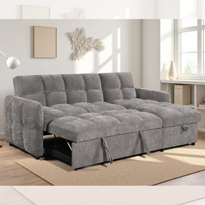 L-Shaped Sectional Sleeper Sofa with Pull-Out Bed and Adjustable Backrest and Storage Chaise, Gray Fabric
