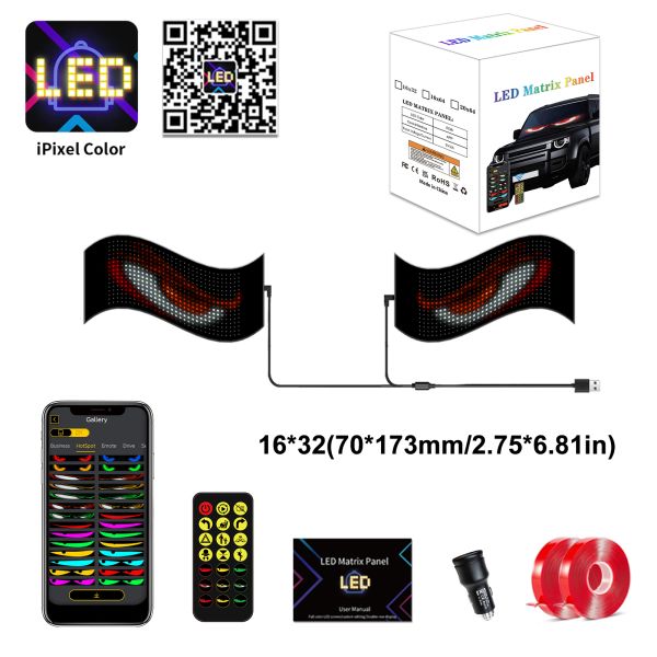 BGZM 16x32 Car LED Display Windshield Screen 12V Remote Control Devil'S Eye Animation Display