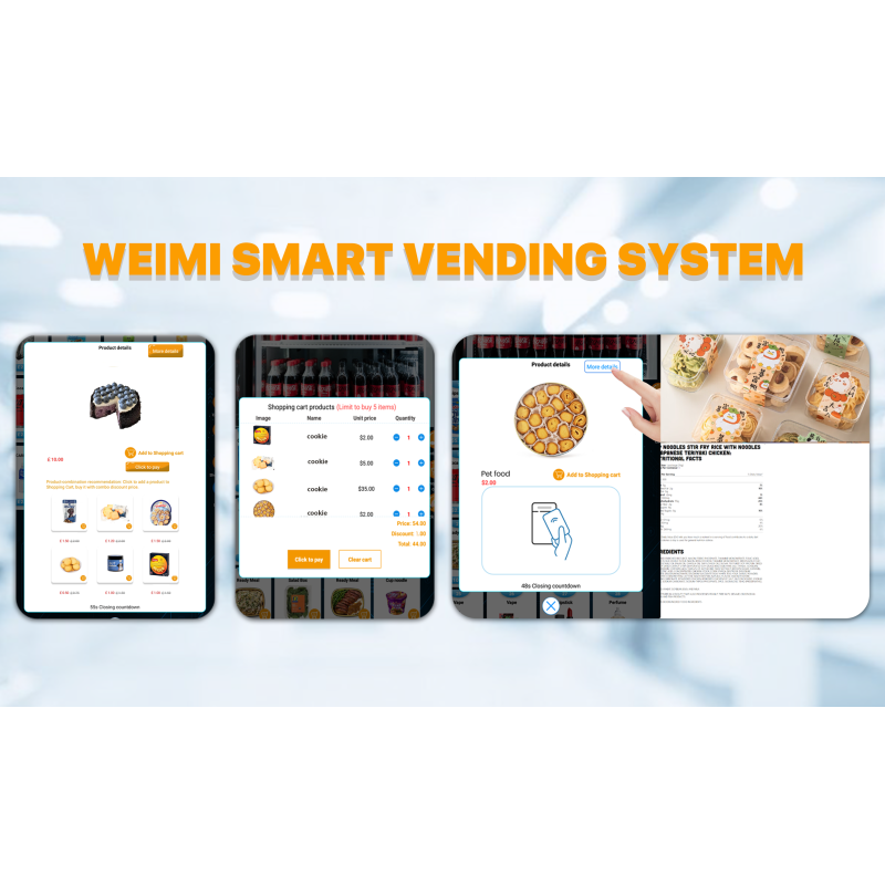 WEIMI cake vending machine with smart retail system, offering add-on product recommendations, multi-buy discounts to boost sales, and high-precision touchscreen displays showcasing cake images, stories, and ingredients.