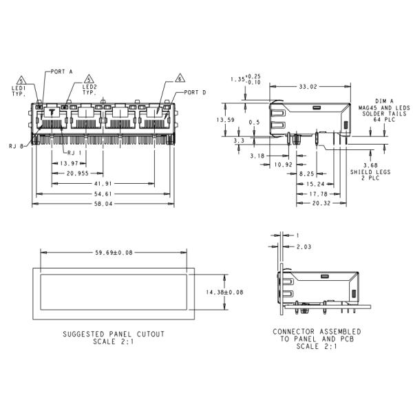 1X4 Magjack 1840581-6 Low Profile Magnetic RJ45 Connector With LED