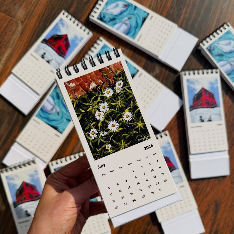 Fine Art Illustrated Vertical Desktop Stand-Up Calendar With Wire-O Binding