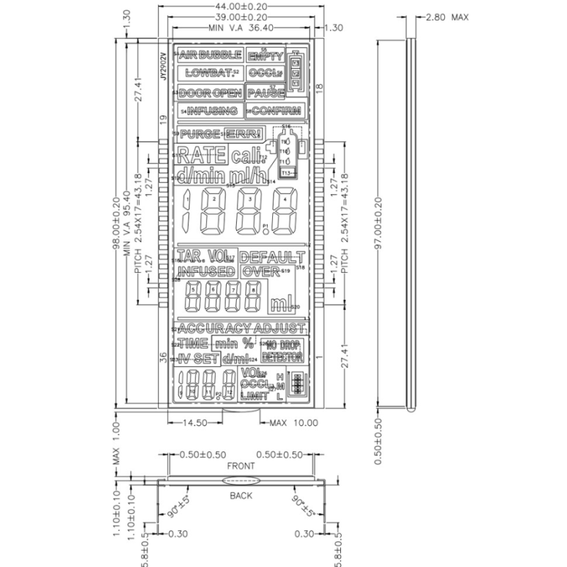 Technical drawing of Mini 7 Segment LCD Display Module showing dimensions and pin configuration