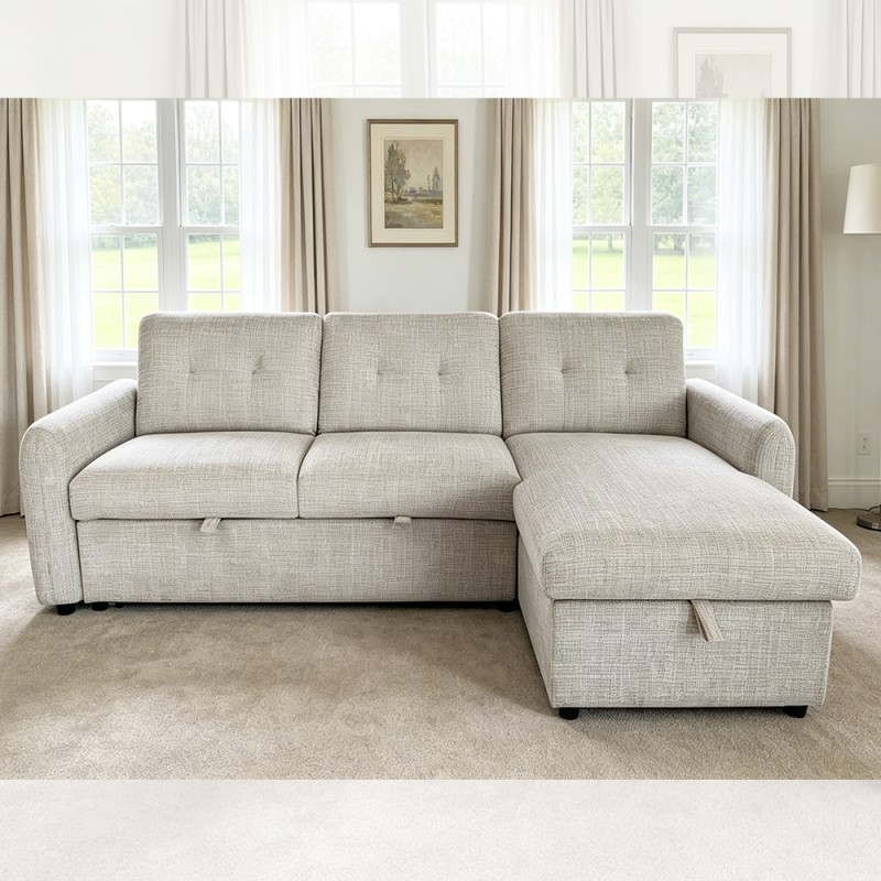 L-Shaped Sectional Sleeper Sofa with Pull-Out Bed and Adjustable Backrest and Storage Chaise, Light Gray Fabric