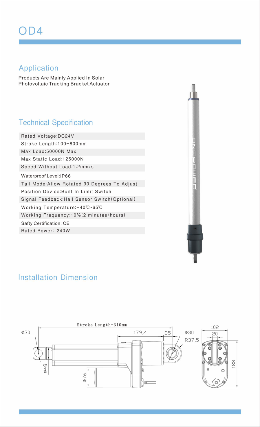 OD4B Industrial Lifting DIY Linear Actuator for Solar Tracker System 45000N Heavy Loading 300mm Stroke Waterproof Linear Motor