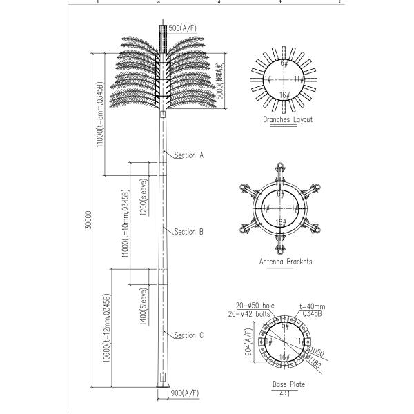 45m Deocrating Camouflaged Cell Tower Self Supporting Mobile Communication Towers
