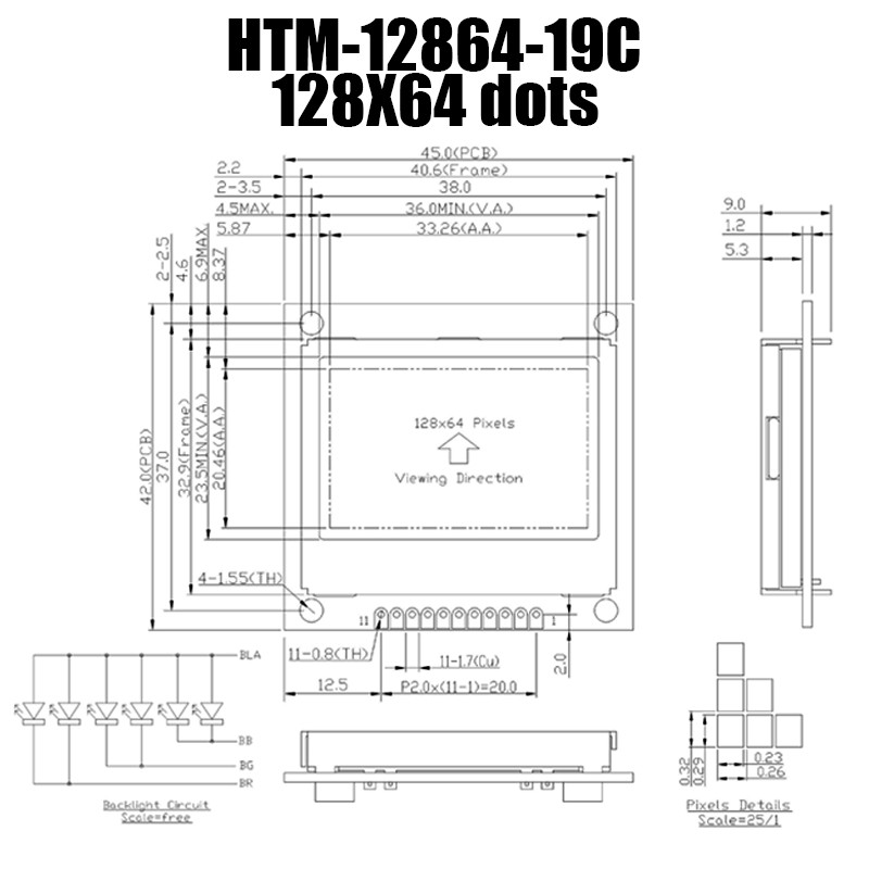 128X64 FSTN Graphic LCD Module With White Backlight HTM12864-19C