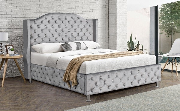 Customized King Size Upholstered Platform Bed Velvet Fabric Button Tufted High Headboard