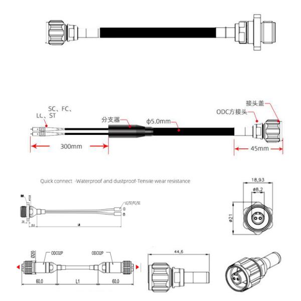 Duplex Outdoor Fiber Optic Patch Cable With IP67 Military Grade ODC Type (Plug) to LC UPC SM 9-125 Bare Fiber