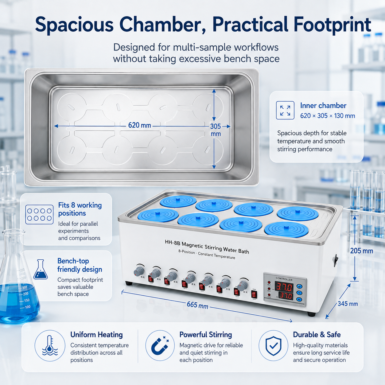 Pharma Lab Sample Preparation Precise Temperature Control 8-Position 100°C 1500W Stainless Steel Magnetic Stirring Water Bath
