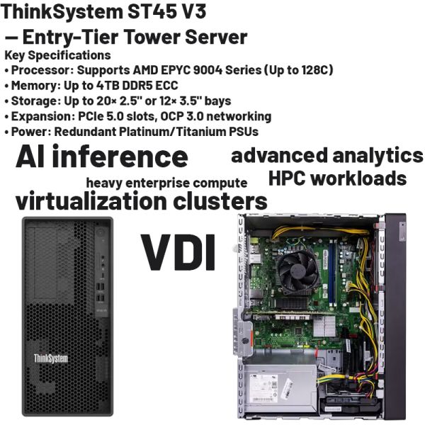 Lenovo ThinkServer ST45 V3 4U Tower Server with AMD EPYC 4005 Processor and 64GB DDR5 RAM