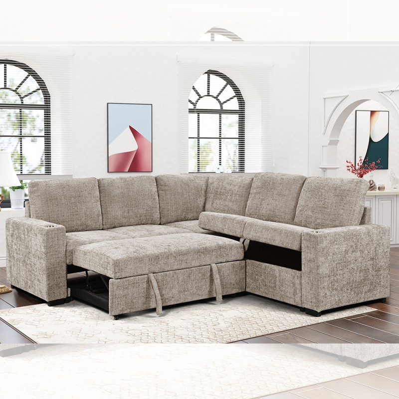 L-Shaped Sectional Sleeper Sofa with Pull Out Bed and Storage Sofa and Cup holders, Taupe Fabric