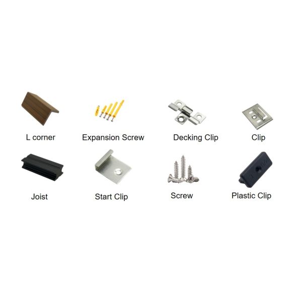 WPC decking installation diagram showing clip system and spacing