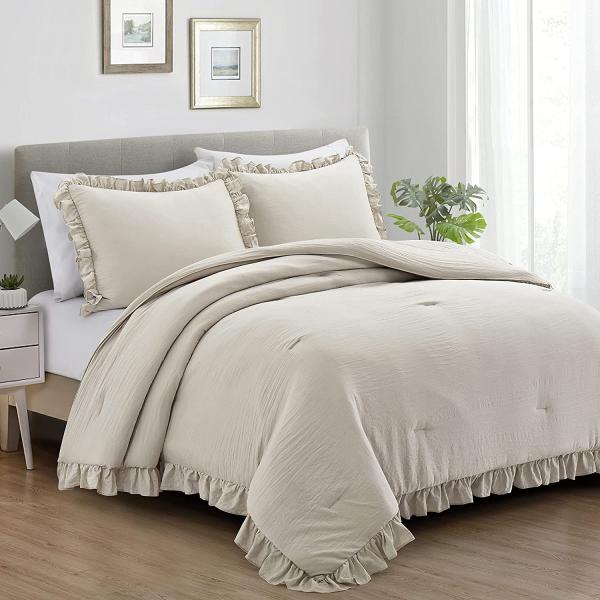 Customized 3 Pieces Queen Comforter Set Farmhouse Bedding Set with Ruffle Bed Design