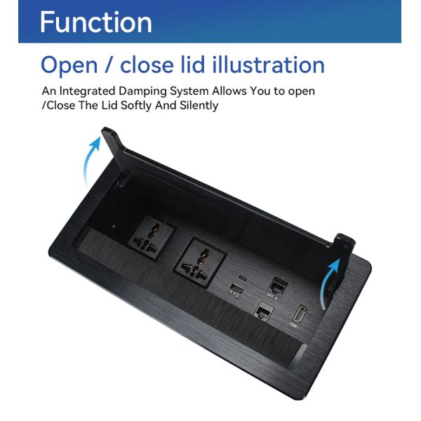 Hidden desktop socket box in closed position showing seamless integration with desktop surface