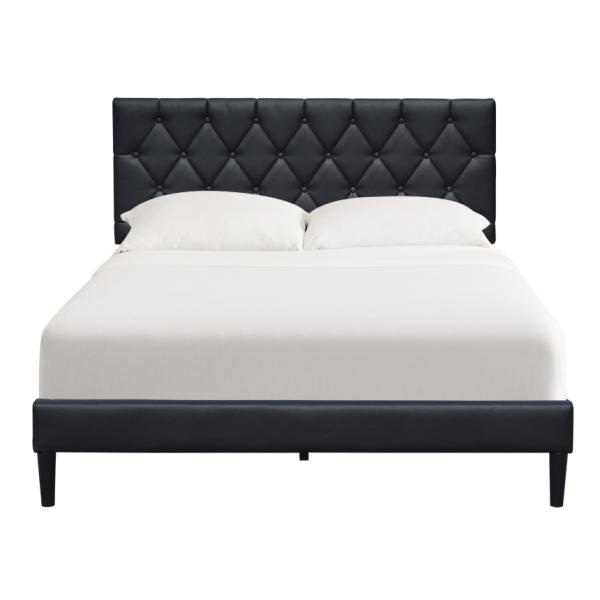 Black Facux Leather Upholstered Platform Bed Frame Queen Size With Tufted Headboard