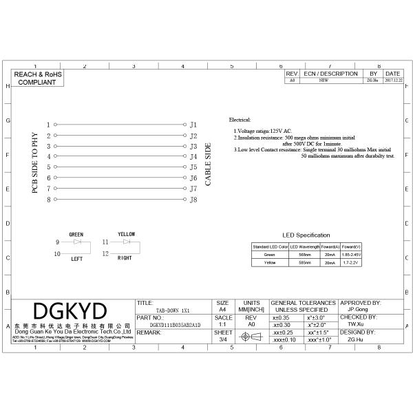 RJ45 Connector 100Mbps Ethernet Port Without Transformer, With Light And Shielding DGKYD111B035AB2A1D