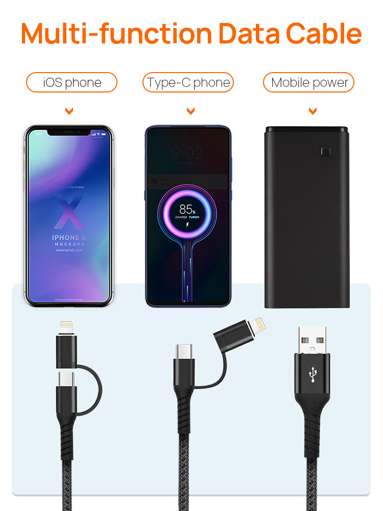 PD 18W Fast Charger 2 in 1 USB A to C+ Lightning Charge Cable USB Data Transmission