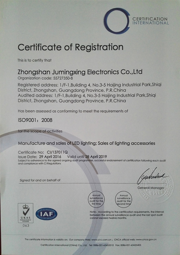 ZhongShan J.M.X Electronics Co., Ltd. Certifications