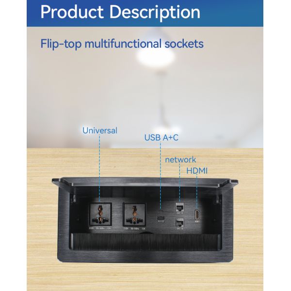 Desktop socket box with flip-top open revealing power outlets, USB ports, network and HDMI interfaces