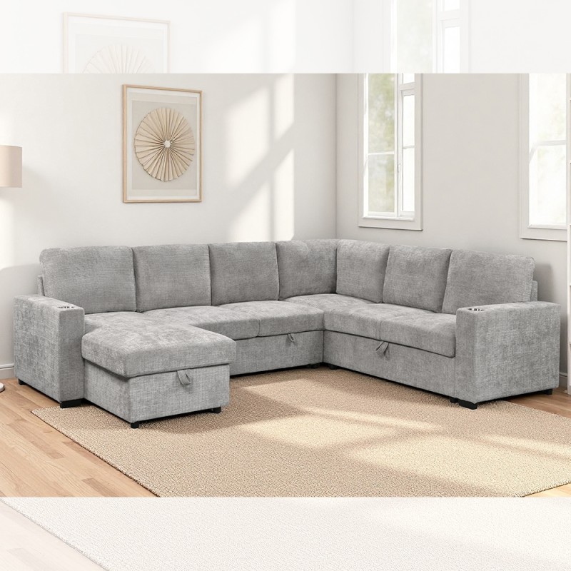 U-Shaped Sectional Sleeper Sofa with Pull Out Bed and Storage Chaise Lounge and Storage Sofa and Cup holders, Gray Fabric