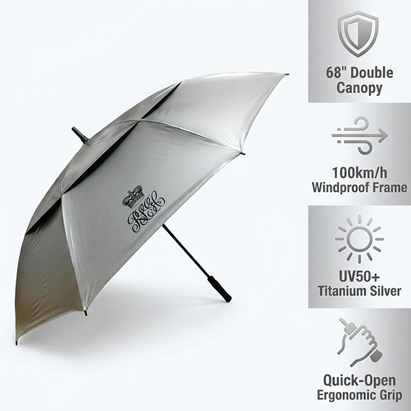 68-Inch Double Canopy Windproof Golf Umbrella with UV50+ Titanium Silver Fabric and 100 km/h Wind Resistance