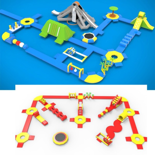 Modular Inflatable Water Park with Custom Floating Obstacle Course Slides Climbing Elements And Connected Play Platforms for Lake Resort Beach And