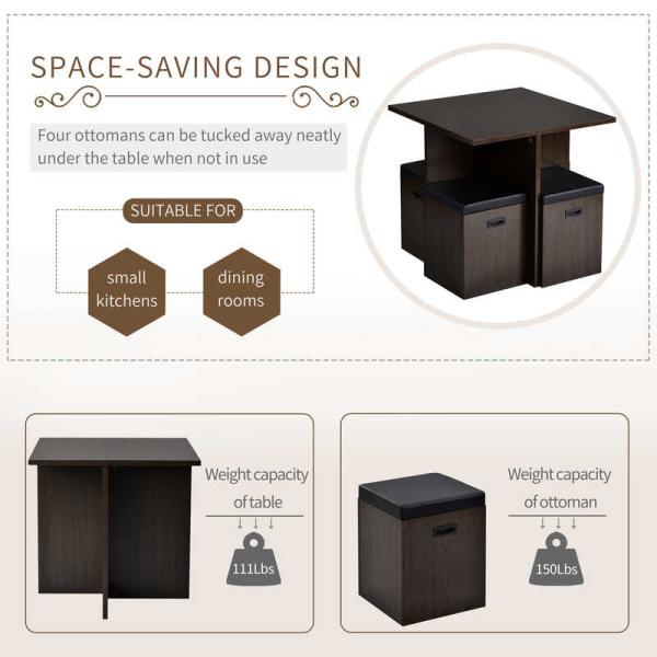 5 Piece Dining Set With Storage Ottoman 31''L Faux Wood Table And 4 Ottomans