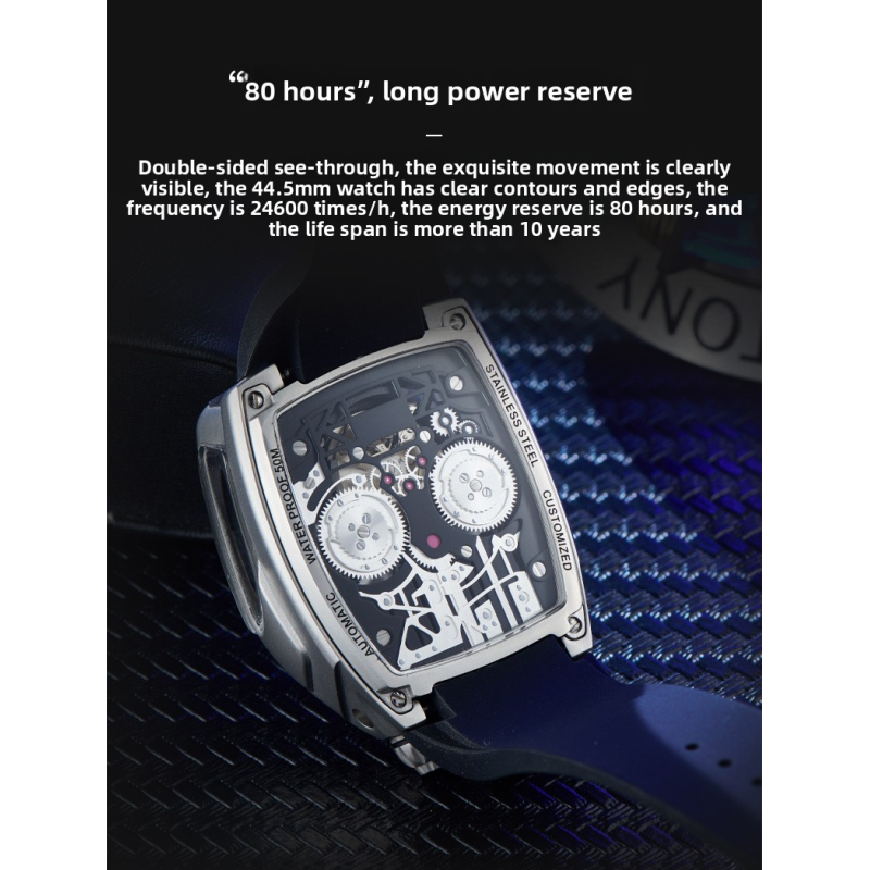 OBLVLO Bugatti‑Inspired V16 Engine Skeleton Automatic Watch, Men’s Tonneau‑Shaped Thick Mechanical Wrist Watch